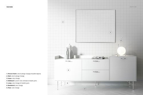 Contemporary living space with editable wallpaper mockup, white furniture, and a large blank frame on the wall.