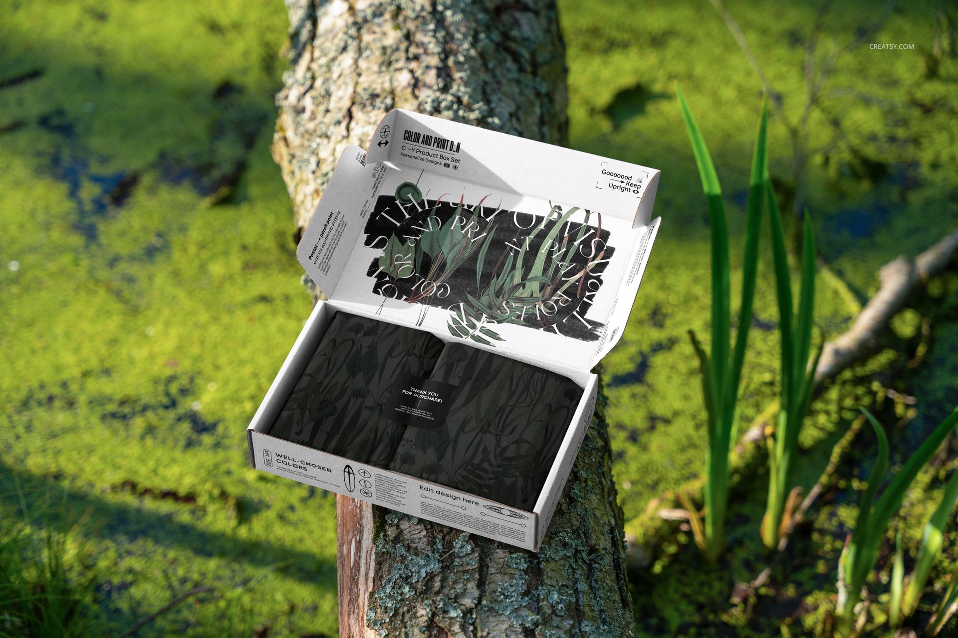 Open packaging box mockup with monochrome graphics, displayed on a fallen log surrounded by green forest plants.