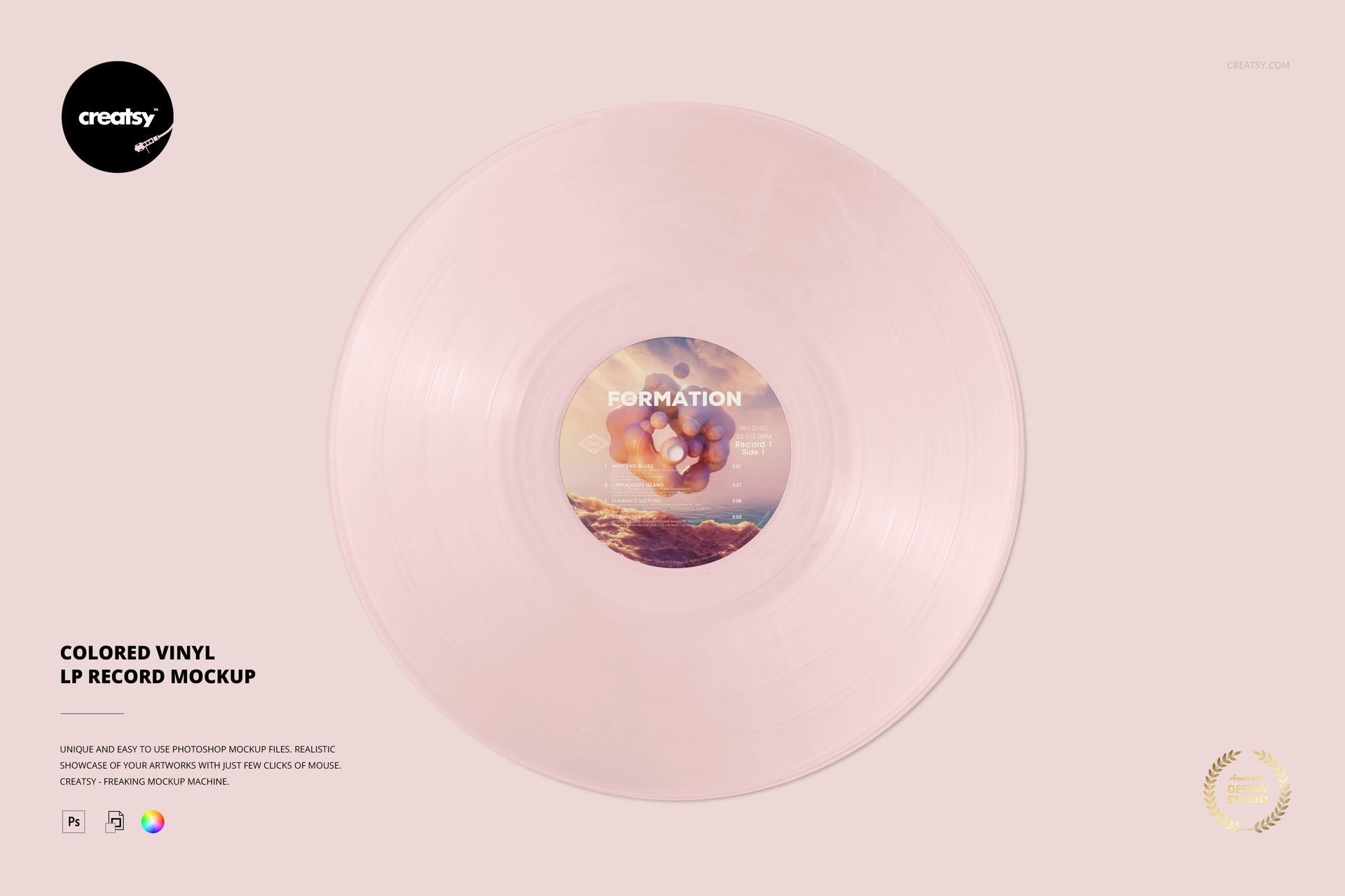 Pastel pink vinyl LP record mockup shown from above, with a circular label displaying cloud and sky illustration.