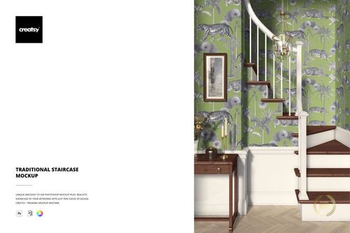 Interior scene showing a staircase with white railings, dark wood steps, and vibrant animal print wallpaper, PSD mockup.