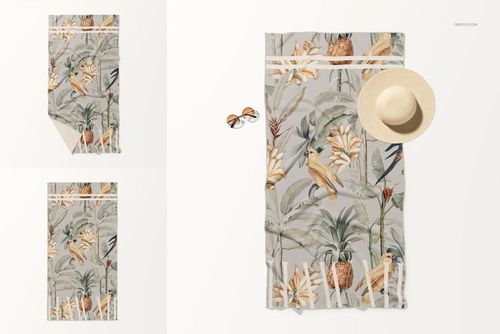 Top view of a waffle beach towel mockup featuring a botanical and bird design, styled with summer accessories.