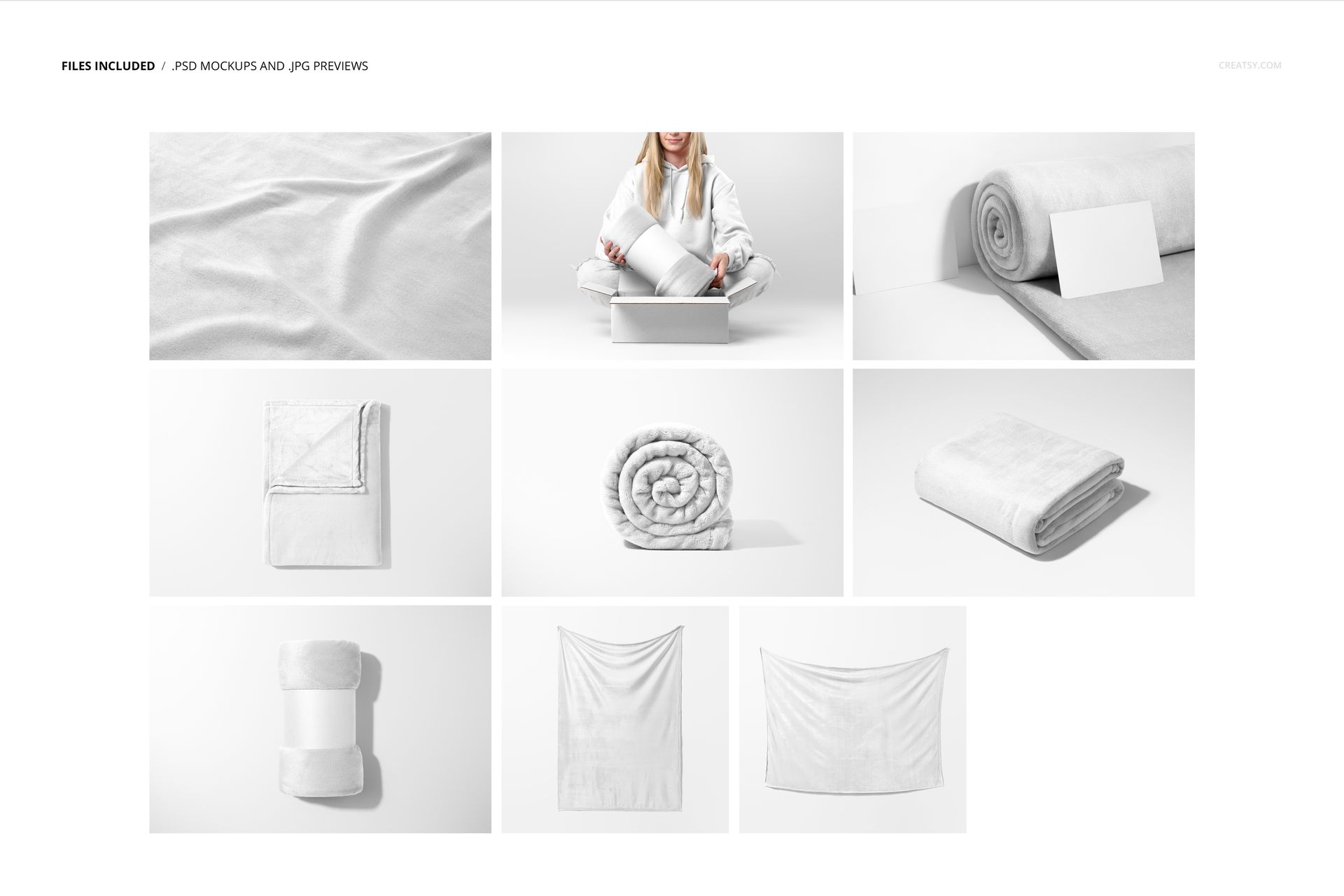 Fleece blanket mockup set showing various arrangements including folded, rolled, and spread out on a white background.