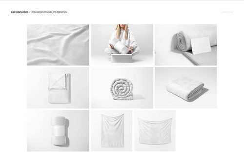 Fleece blanket mockup set showing various arrangements including folded, rolled, and spread out on a white background.