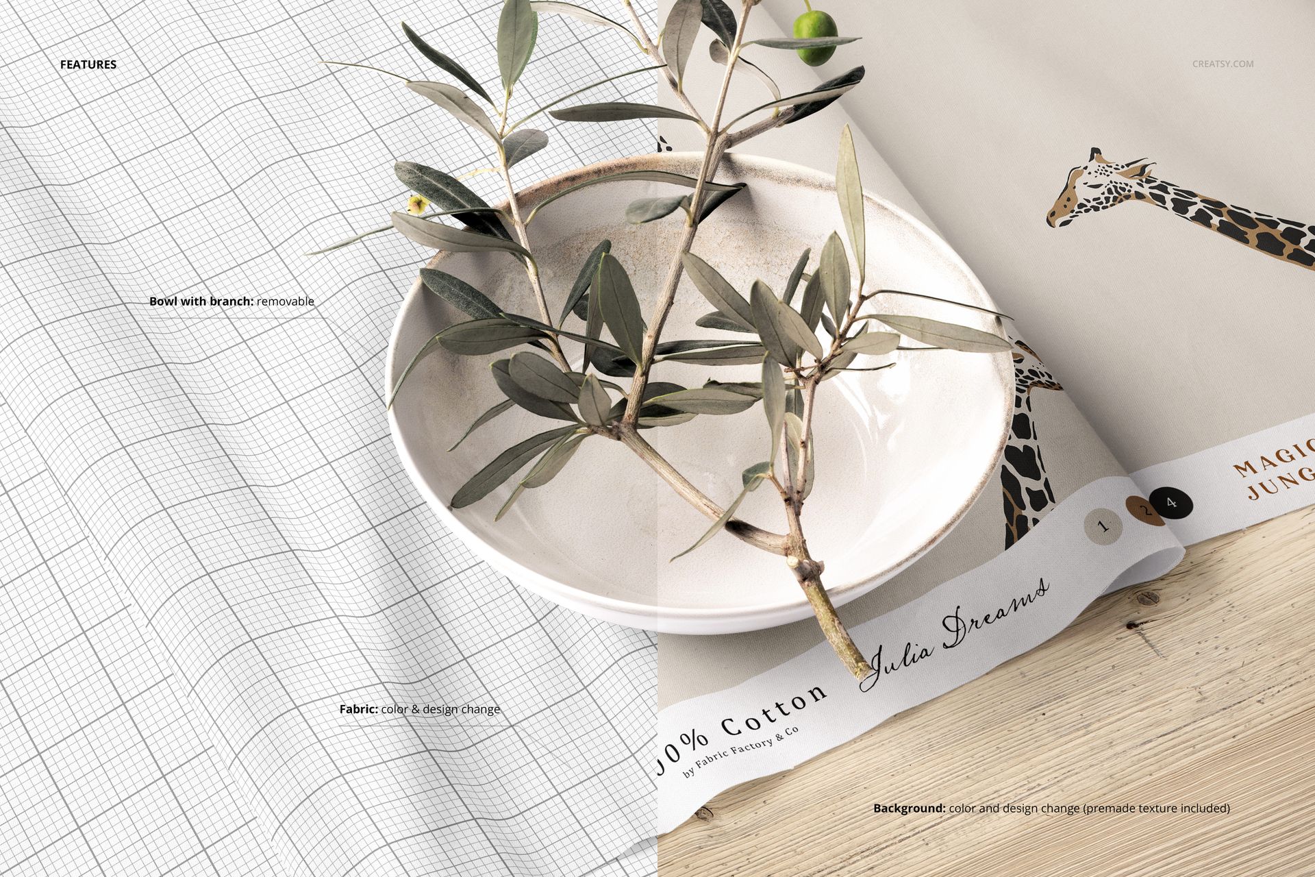 Cotton fabric mockup featuring a white ceramic bowl with olive branches, shown from a top-down perspective.