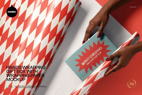 Hands Wrapping Gift Box with Wrapping Paper Mockup - mockup preview 1