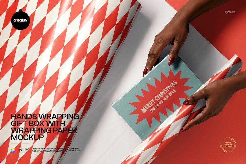 Hands Wrapping Gift Box with Wrapping Paper Mockup - mockup screenshot 1