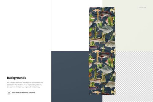 Silk scarf mockup shown from a top view, featuring realistic fish illustrations and greenery on a dark base.