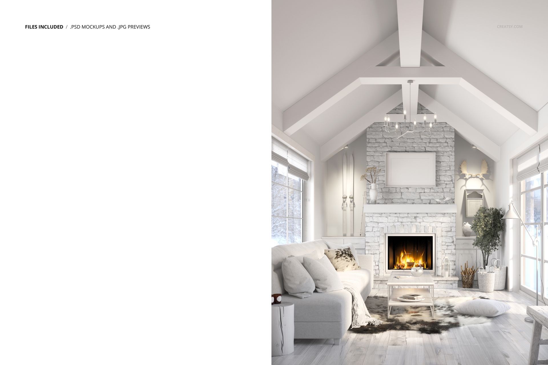Scandinavian rustic living room mockup featuring a white sofa, fireplace, timber beams, and cozy winter decor.