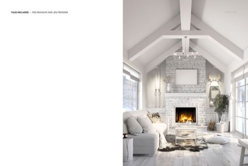 Scandinavian rustic living room mockup featuring a white sofa, fireplace, timber beams, and cozy winter decor.