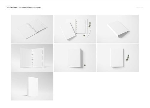Set of seven family book mockups featuring blank white covers, shown from various angles on a light background.