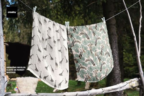 Hanging Muslin Cloth in Forest Mockup - mockup preview 1