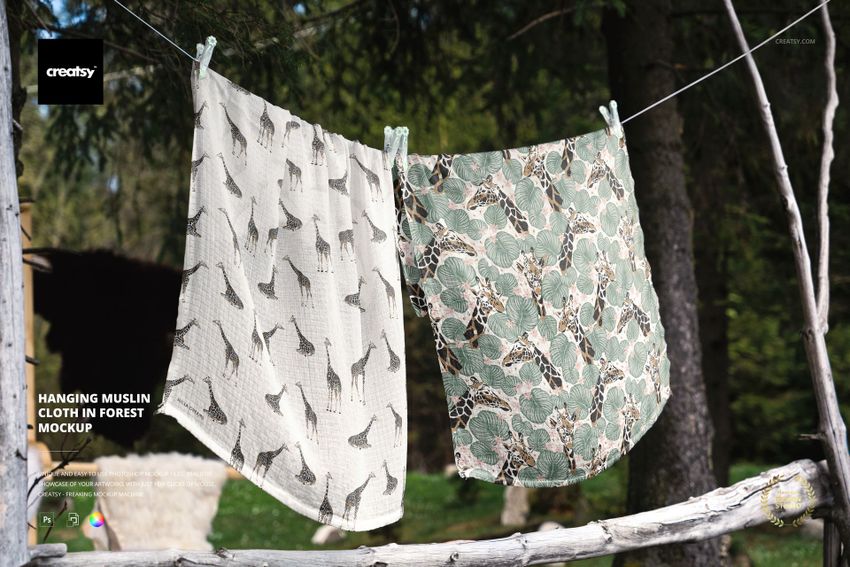 Hanging Muslin Cloth in Forest Mockup - mockup screenshot 1