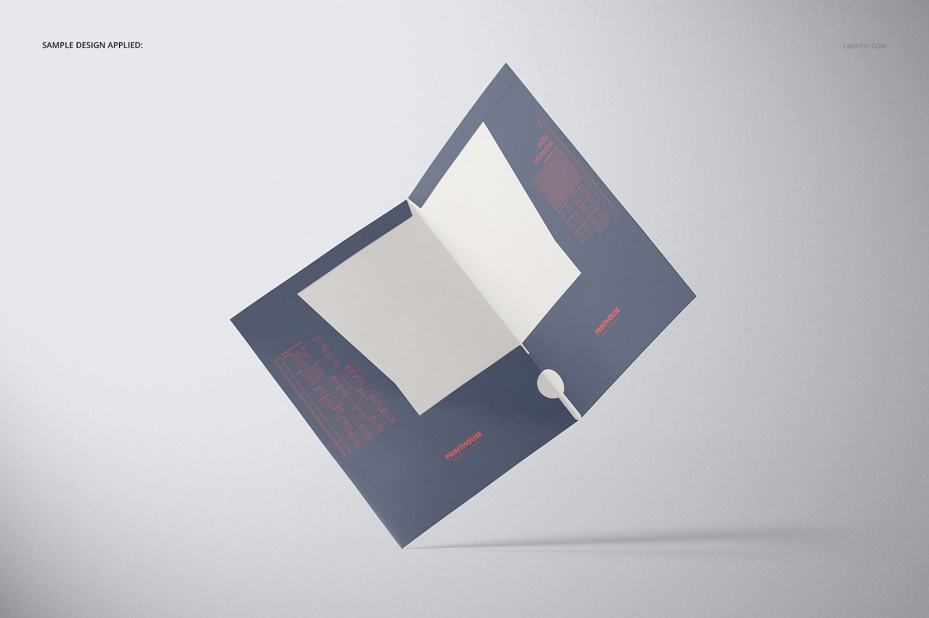 Open two-pocket folder mockup with dark blue exterior and white interior, floating on a light gray background.