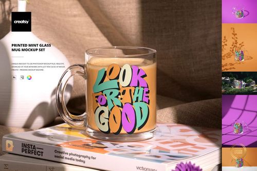 Printed Mint Glass Mug PSD mockup showing a coffee-filled glass mug with vibrant design, resting on books in a cozy scene.