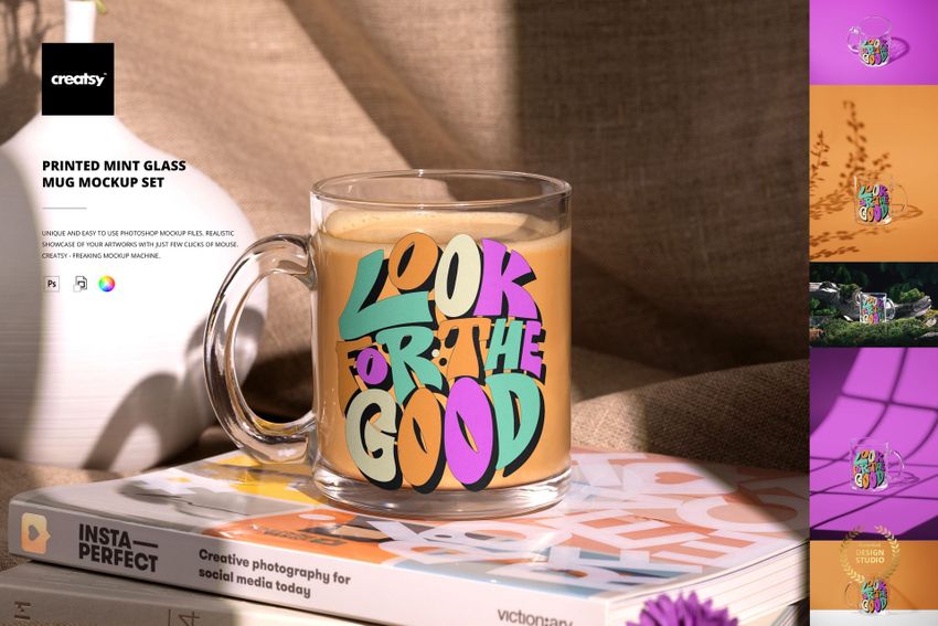 Printed Mint Glass Mug PSD mockup showing a coffee-filled glass mug with vibrant design, resting on books in a cozy scene.