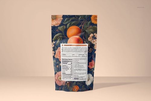 Front-facing paper bag mockup featuring vibrant peaches and flowers, with detailed nutritional information displayed.