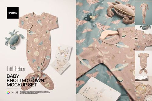 PSD mockup of a baby knotted gown featuring pastel celestial motifs, displayed with plush toys and illustrated cards.