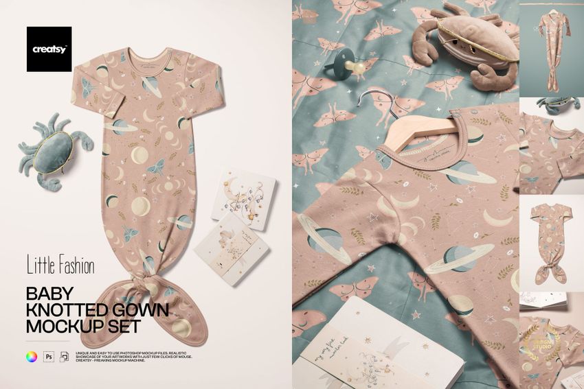 PSD mockup of a baby knotted gown featuring pastel celestial motifs, displayed with plush toys and illustrated cards.