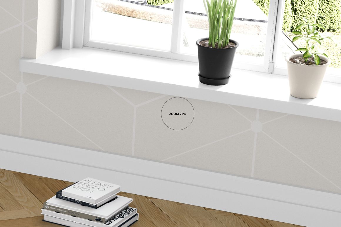 Room interior with a light geometric carpet mockup, wooden flooring, and two plants on a white windowsill.