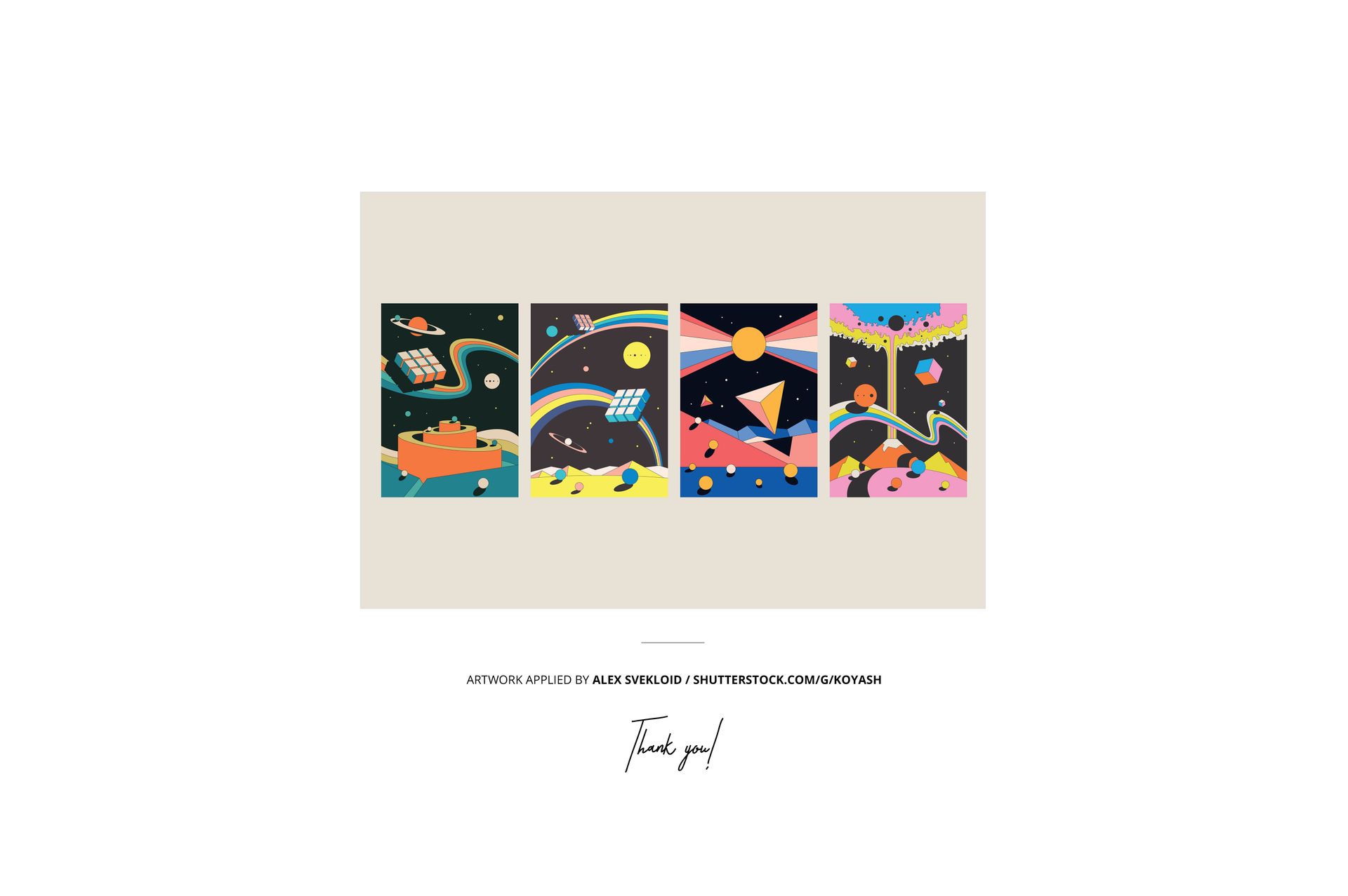 Rectangular plywood wall art mockup featuring four colorful abstract space-themed panels on a neutral background.