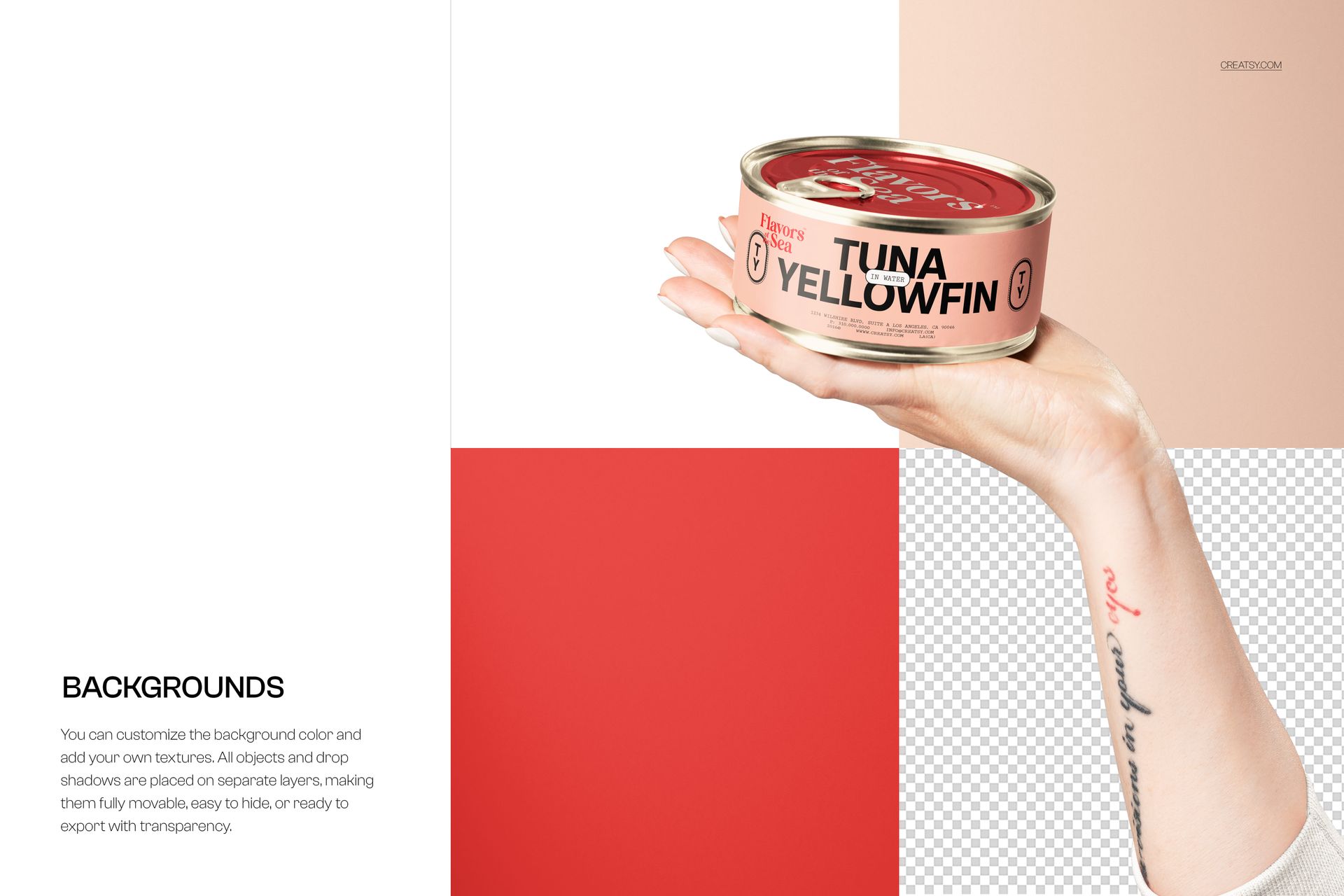 Round, low-profile tin can mockup featuring a pink label, held by a hand with visible tattoo and manicured nails.