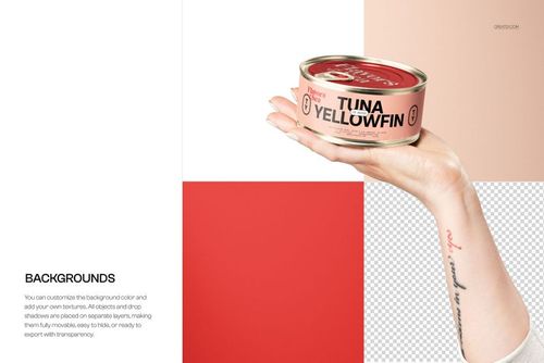 Round, low-profile tin can mockup featuring a pink label, held by a hand with visible tattoo and manicured nails.