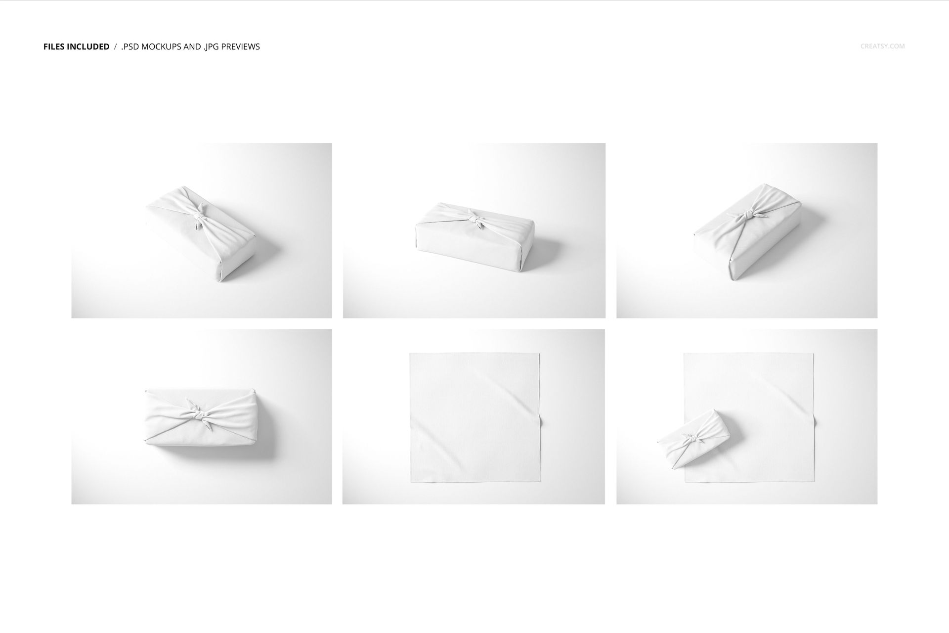 PSD mockup set featuring multiple views of folded white fabric wraps, including top and angled perspectives.
