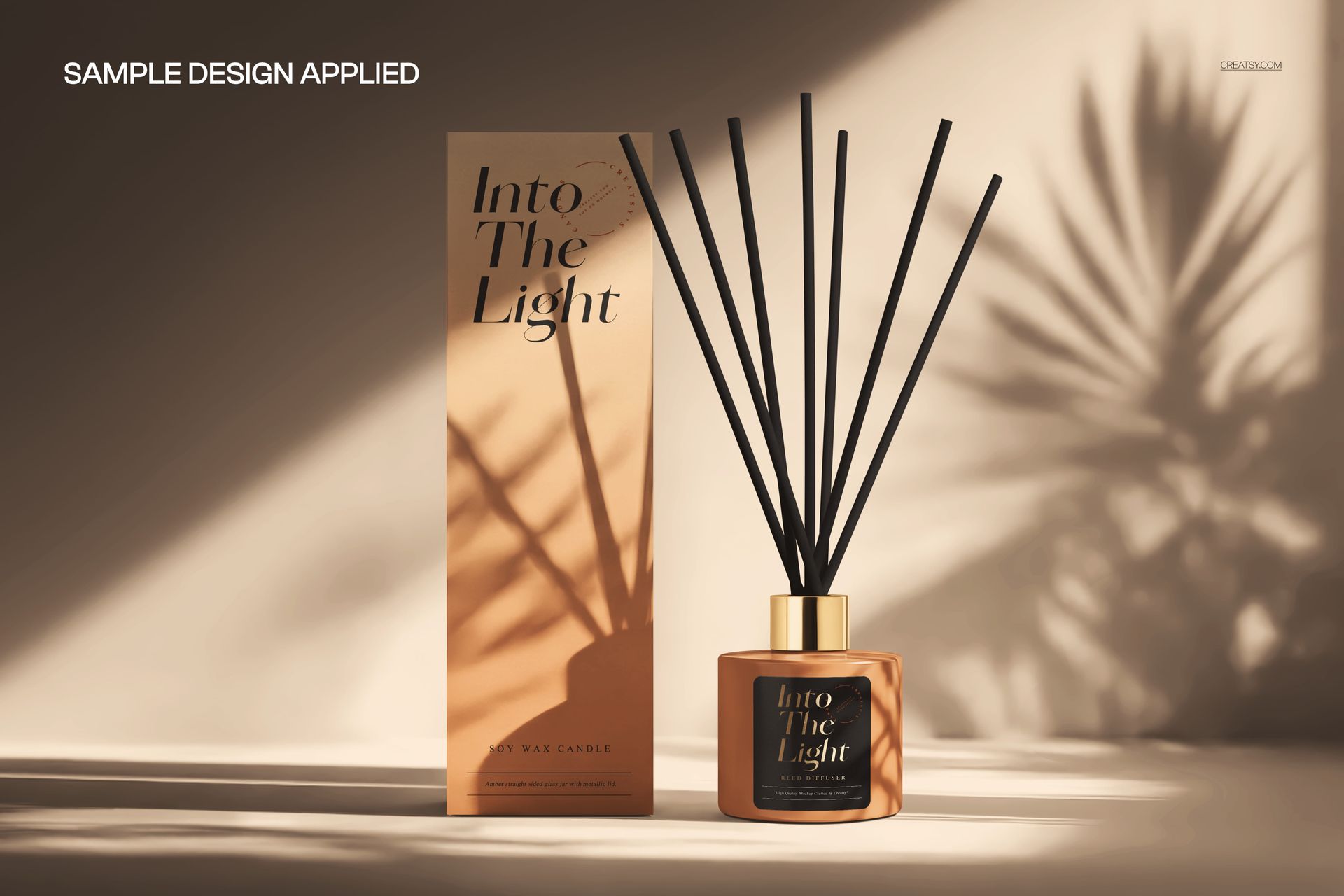 PSD mockup showing a reed diffuser bottle and packaging, featuring soft lighting and plant shadows in the scene.