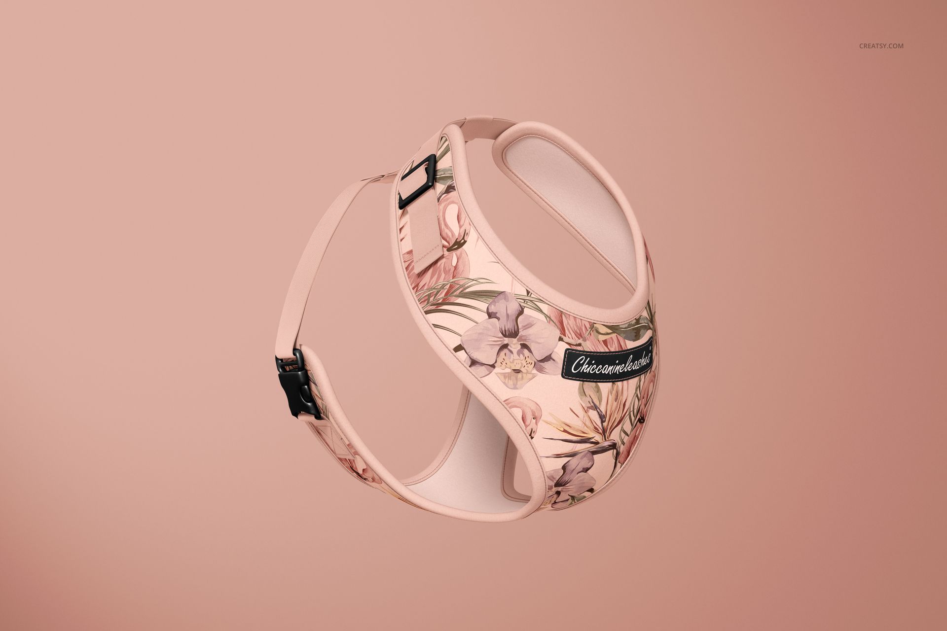 PSD mockup of a dog harness featuring pastel pink tones and botanical floral design, displayed against a solid backdrop.