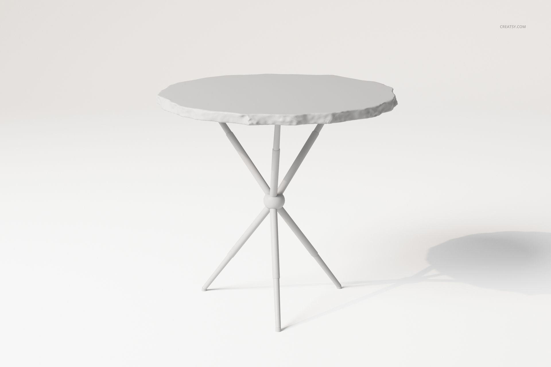Irregular shape coffee table with a round, uneven top and three angled legs, shown from a front angle on a white background.