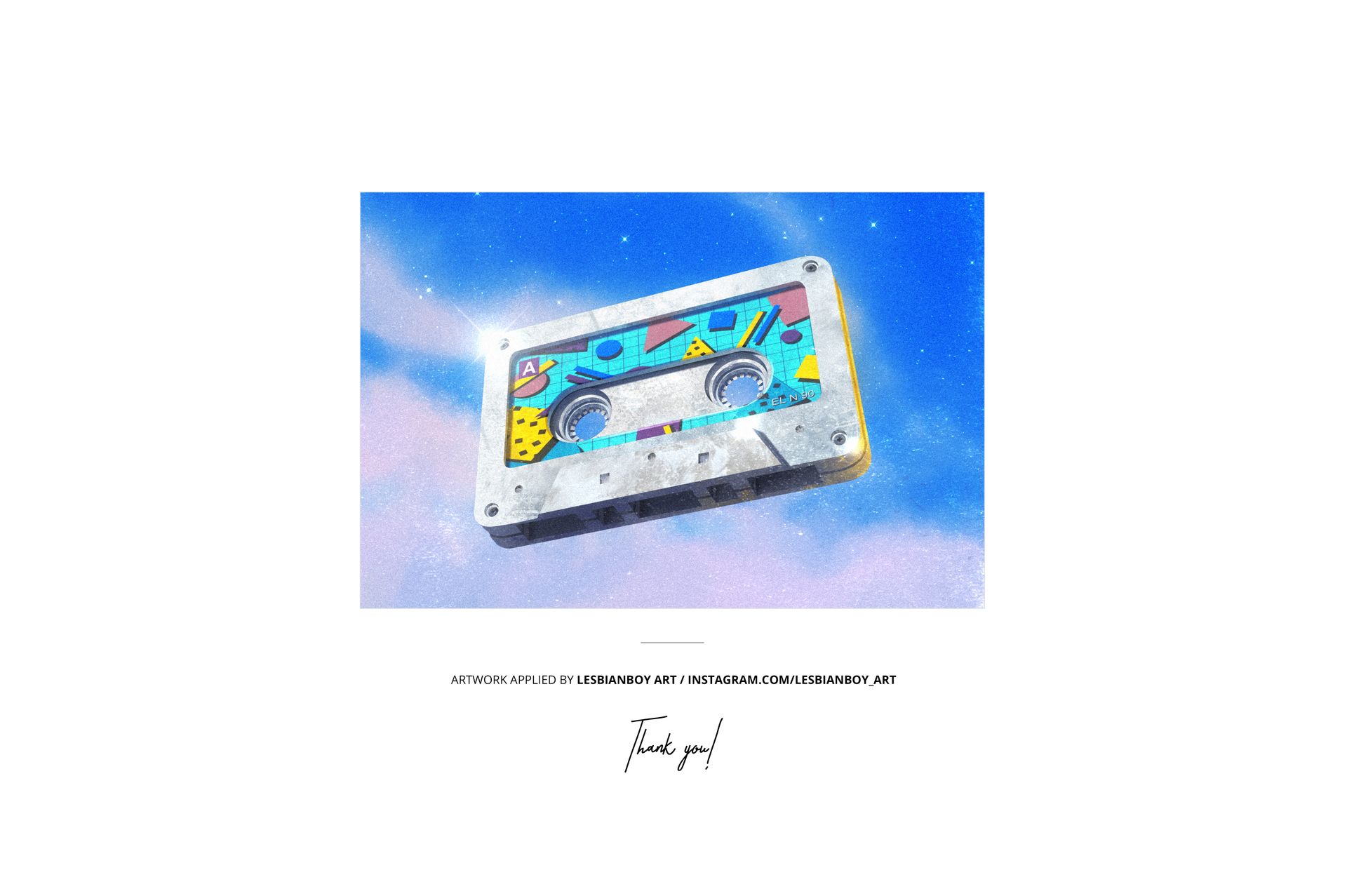 Mockup of a cassette tape with playful shapes and colors, hovering over a soft, cloud-filled blue sky.