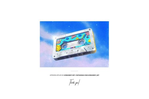 Mockup of a cassette tape with playful shapes and colors, hovering over a soft, cloud-filled blue sky.