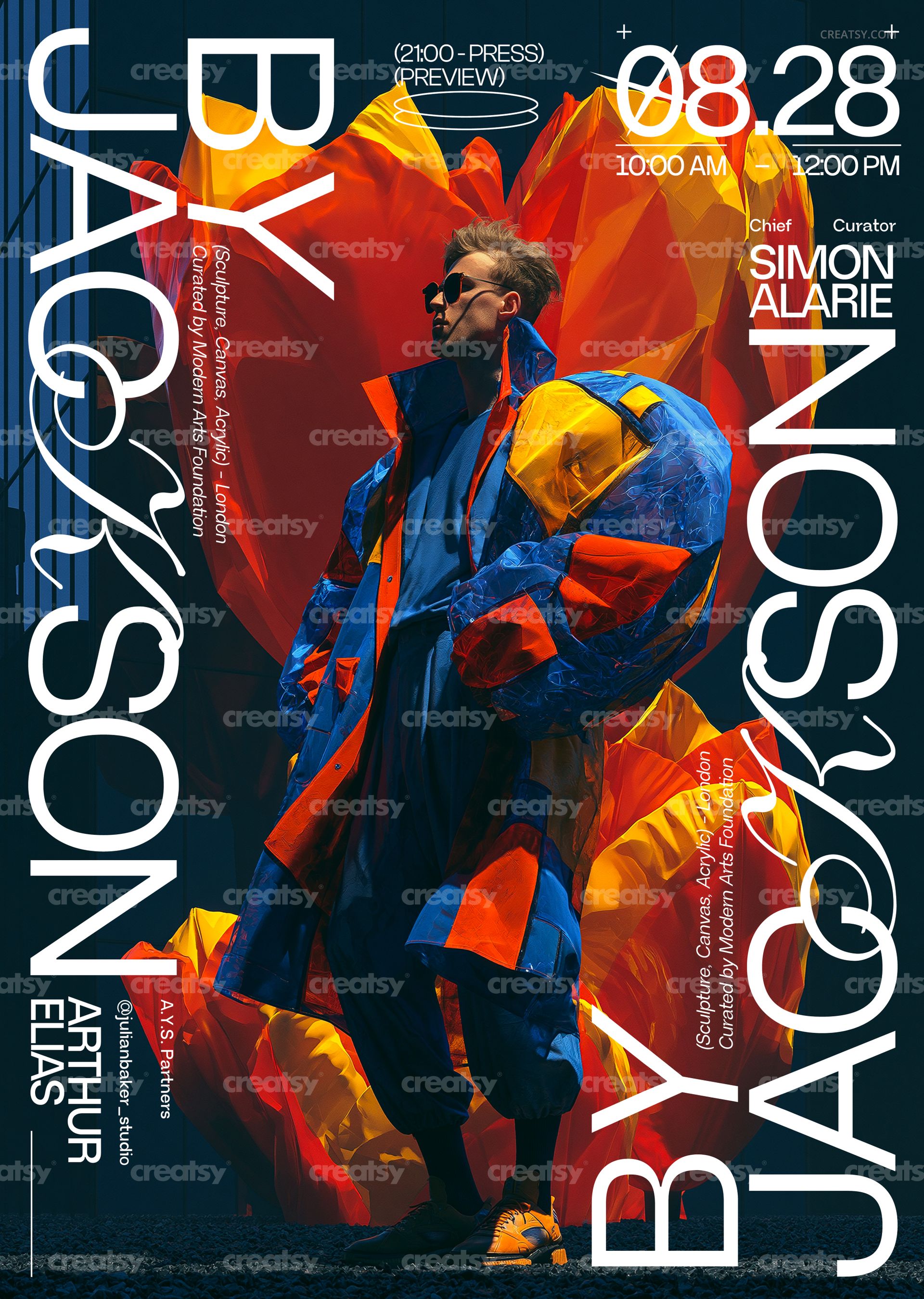 Colorful acrylic structures poster mockup with bold geometric shapes and a model wearing a striking multicolored outfit.