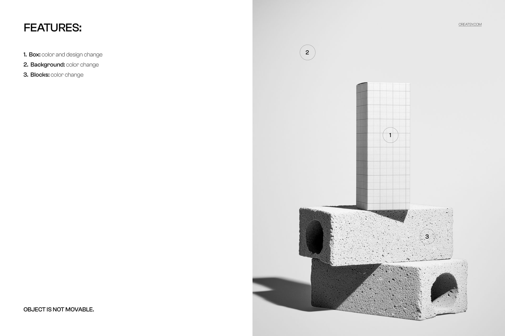 Rectangular cosmetic packaging box mockup standing upright on two stacked light gray bricks in a minimalist scene.