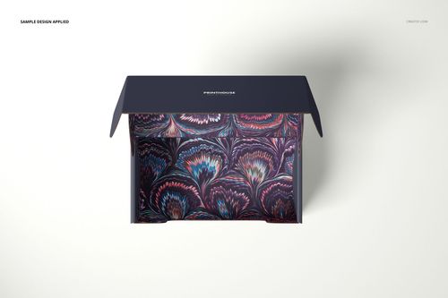 Front view of an open mailer box mockup with a dark lid and colorful abstract pattern on the interior walls.