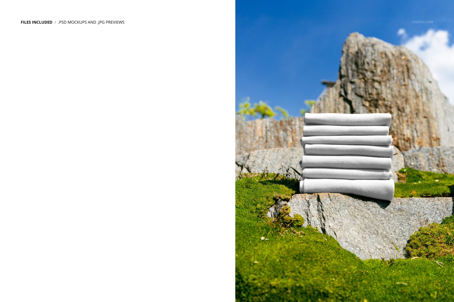 PSD mockup showing white fabric pieces neatly stacked on natural rocks, surrounded by greenery and sky.