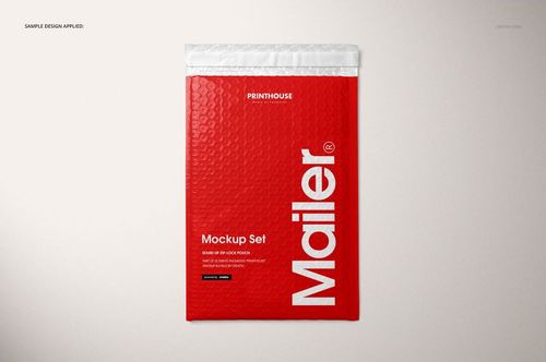 Red bubble mailer mockup displayed flat on a light background, showing a honeycomb texture and white closure.