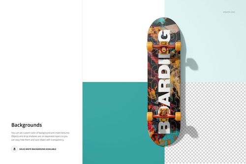 Skateboard deck mockup shown from above with graphic design, yellow wheels, and geometric blue and white backdrop.