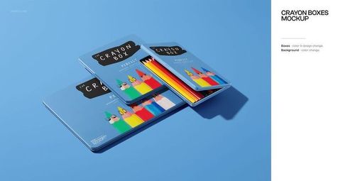 Crayon box mockup set with playful drawings, open and closed boxes, and visible crayons on a solid blue surface.