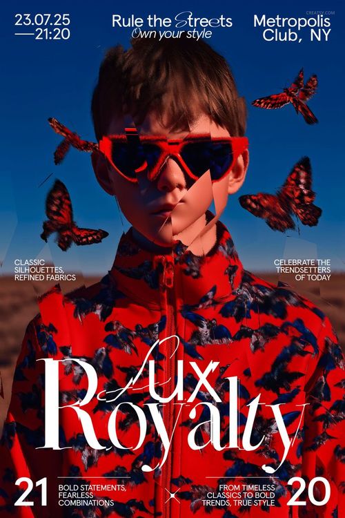 Front view of a poster mockup featuring a person in a red jacket with a butterfly pattern, bold white text overlay.