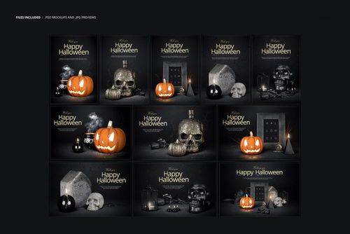 Collection of Halloween-themed mockups featuring pumpkins, skulls, candles, and potion bottles on dark backgrounds.