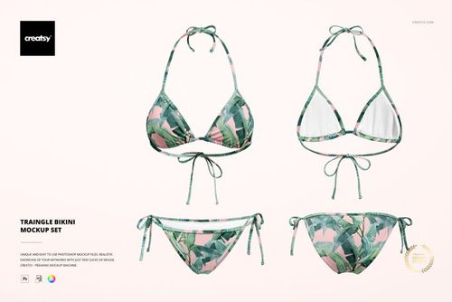 Front and back view of triangle bikini mockup with green and pink leaf pattern on a light background.