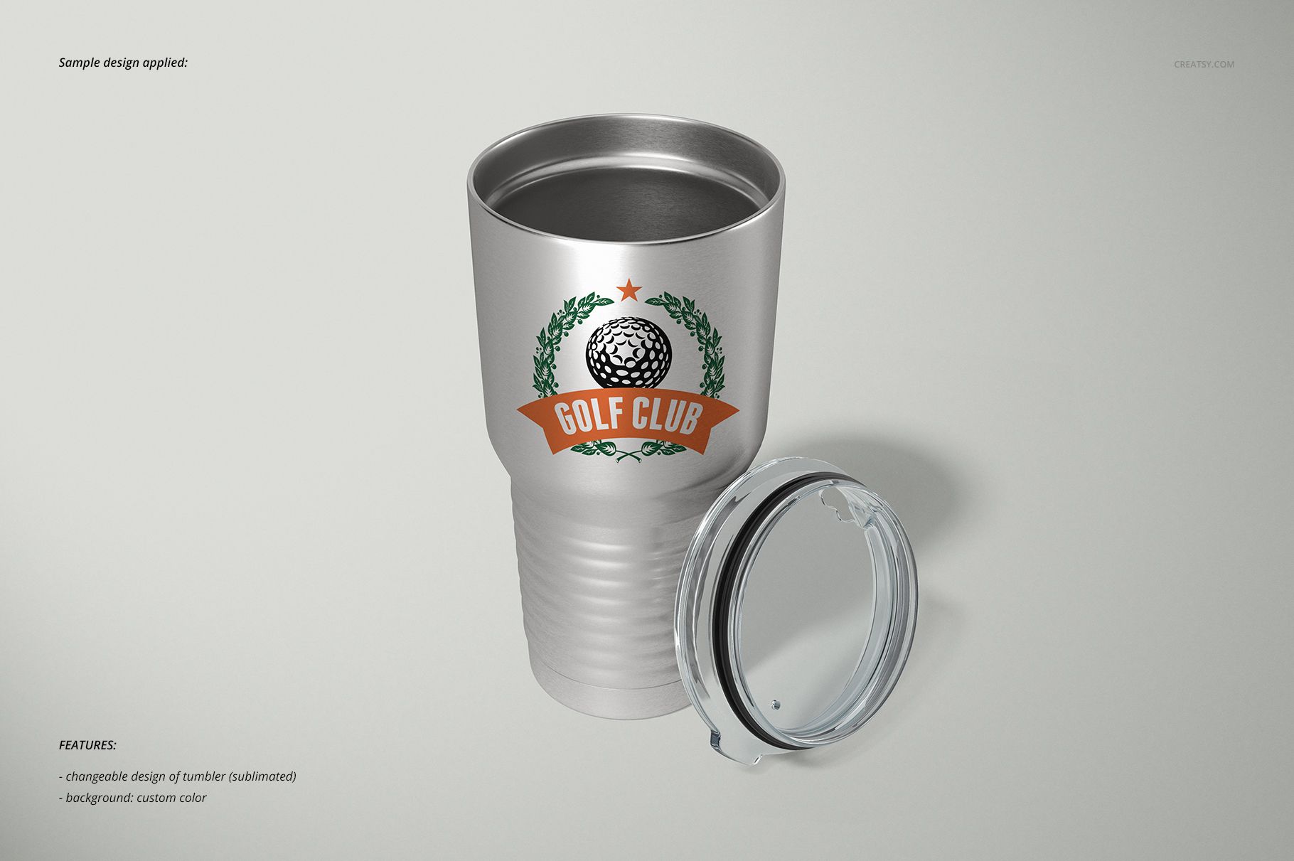 Silver 30oz ringneck tumbler mockup featuring a custom golf-themed design, displayed with lid off on a neutral backdrop.