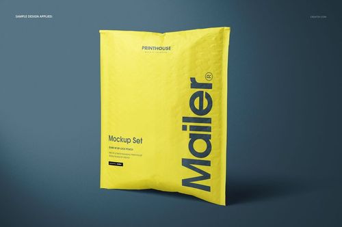 Front view of a yellow bubble mailer with printed text, displayed against a dark blue background in a packaging mockup.
