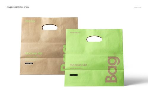 Mockup of kraft paper bags with die cut handles, shown in brown and green, positioned against a plain white surface.