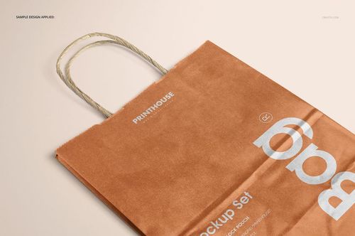 Metallic kraft paper shopping bag mockup shown from a top front perspective, displaying silver print and rope handles.