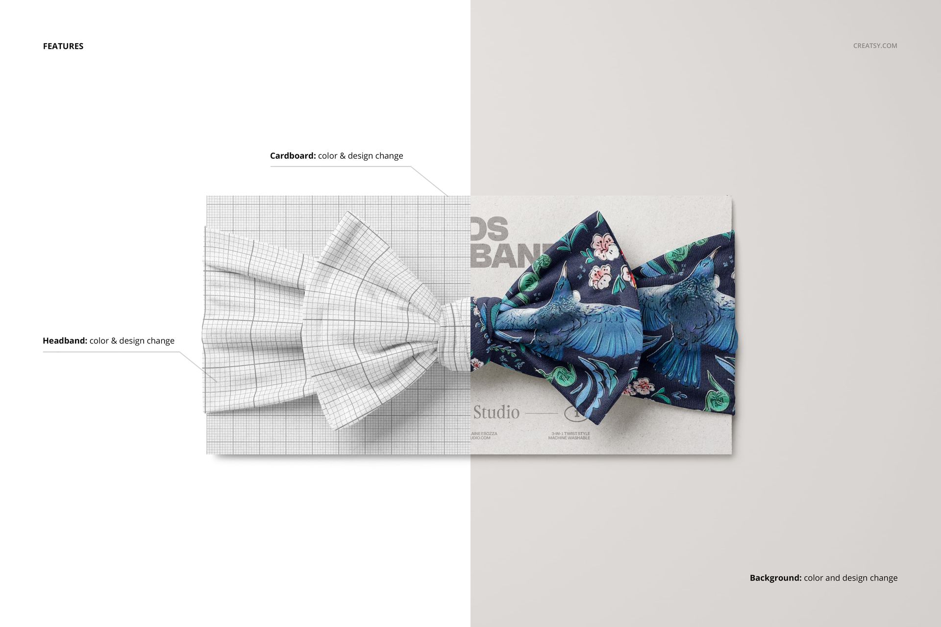Front view of kids adjustable bow tie style headband mockup featuring two designs, one in white grid and one in blue floral pattern.