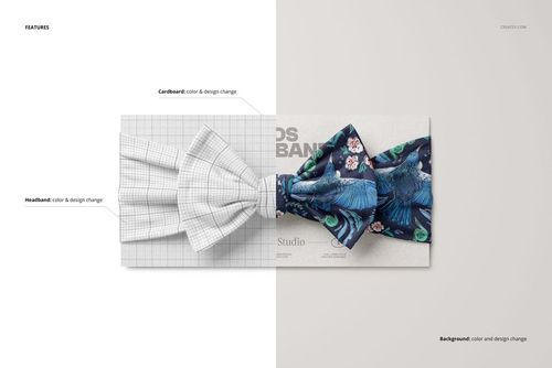 Front view of kids adjustable bow tie style headband mockup featuring two designs, one in white grid and one in blue floral pattern.