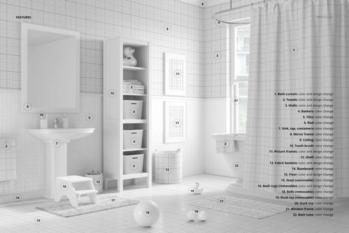 Front view of a kids bathroom mockup with a shower curtain, shelving unit, and window in a bright setting.