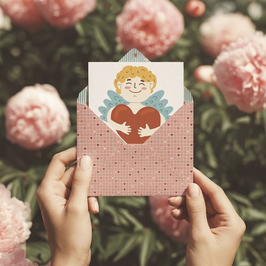 Hands holding a greeting card mockup with a cartoon cupid illustration, partially inside a pink patterned envelope, with blooming peonies in the background.